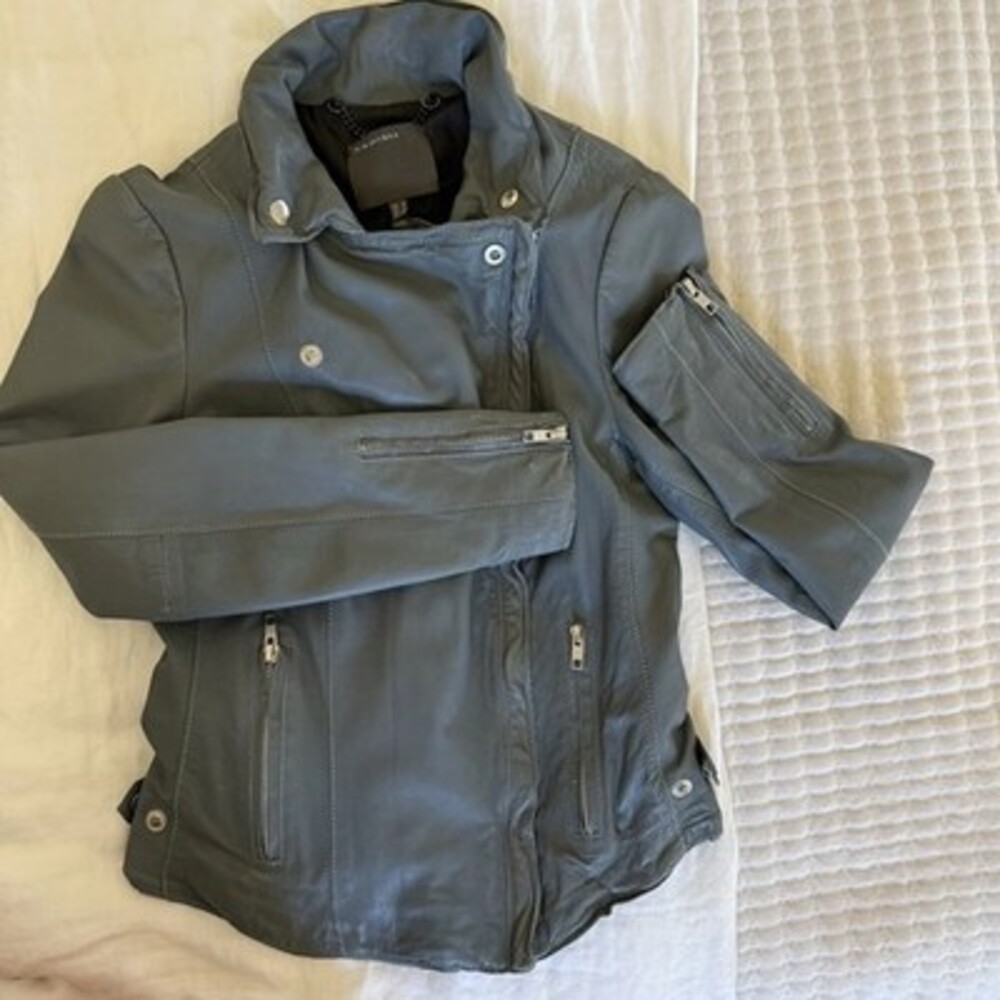 MUUBAA Grey Lambskin Leather Biker Moto Jacket Size Small S/ US 4 / UK 8 Genuine